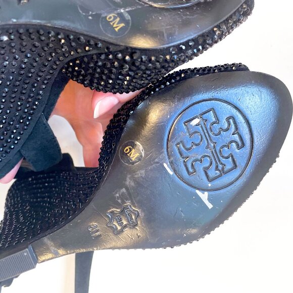 Tory Burch Black Lila Embellished Wedge Heels, Size 6 - Picture 7 of 10